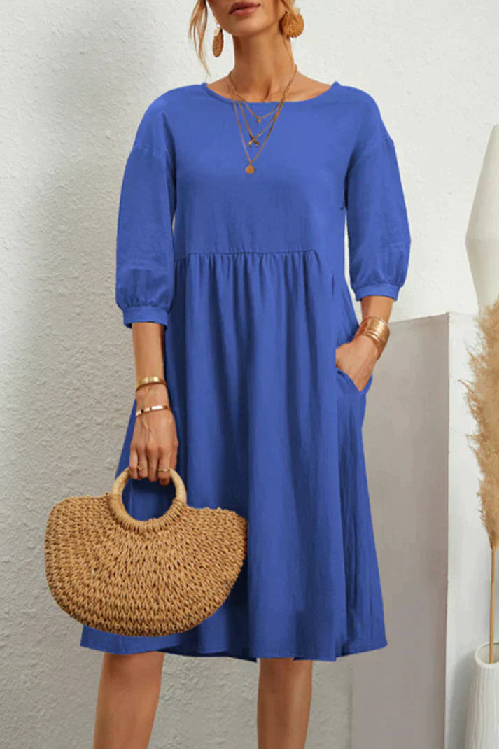 Réunion de mode pour femmes : Robe midi en lin fluide à coupe A-line, manches longues avec poches, parfait pour un look décontracté