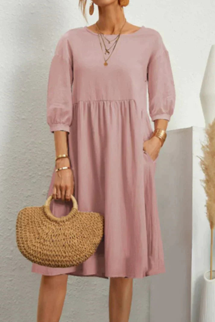 Réunion de mode pour femmes : Robe midi en lin fluide à coupe A-line, manches longues avec poches, parfait pour un look décontracté
