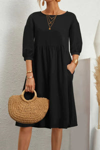 Réunion de mode pour femmes : Robe midi en lin fluide à coupe A-line, manches longues avec poches, parfait pour un look décontracté