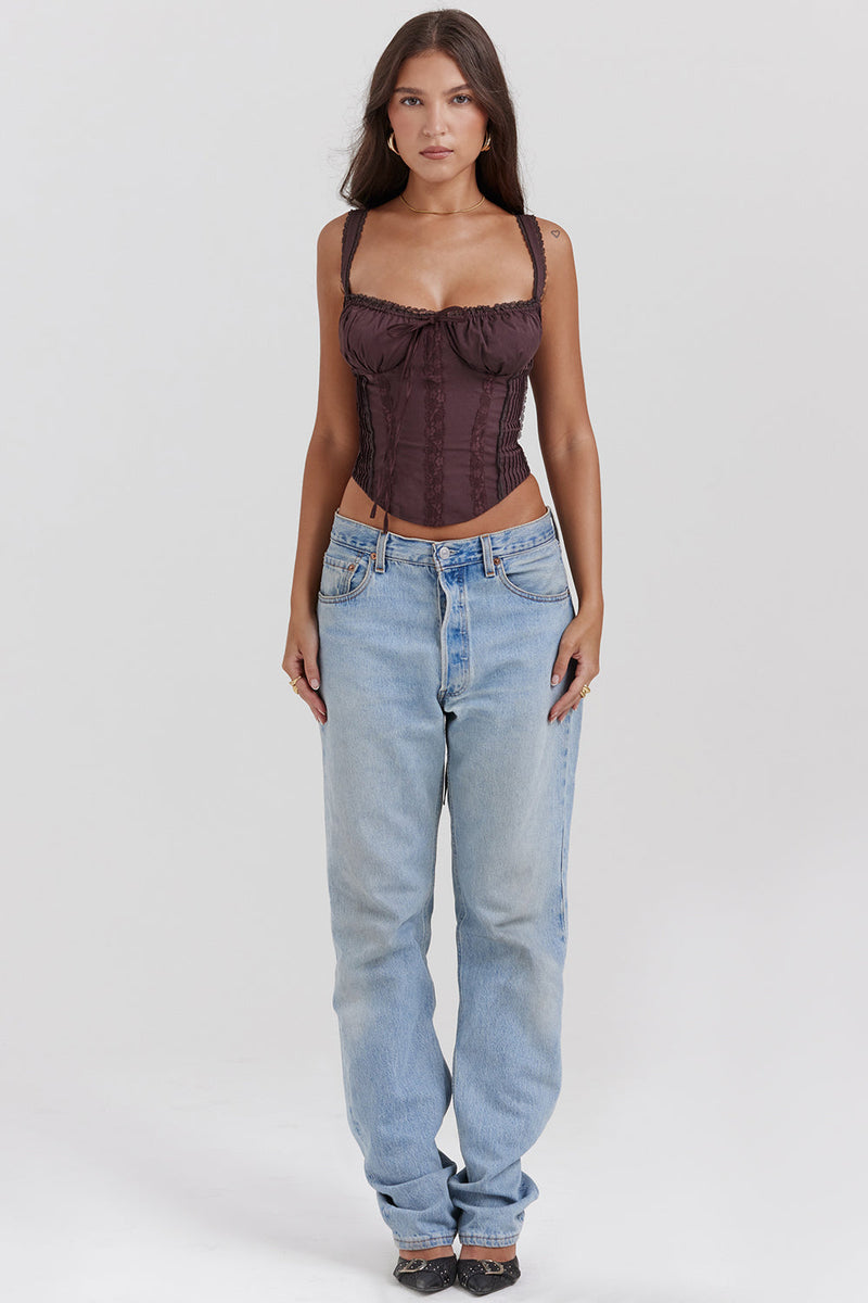 Élégant top corset en dentelle marron - style féminin ajusté pour un look sophistiqué