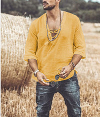Camisa Casual para Hombre - Ajuste Relaxed - Cuello en V con Cordón - Manga 3/4 - Ligera y Transpirable