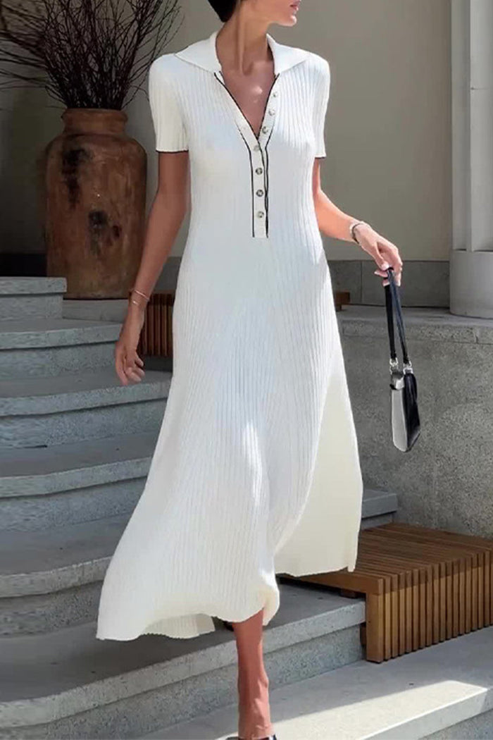 Robe Midi en maille pour femmes - Texture côtelée - Coupe évasée en forme de A - Col en V avec boutonnières