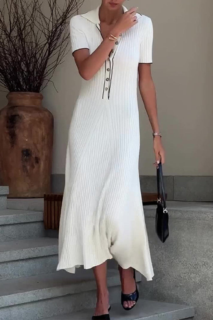 Robe Midi en maille pour femmes - Texture côtelée - Coupe évasée en forme de A - Col en V avec boutonnières