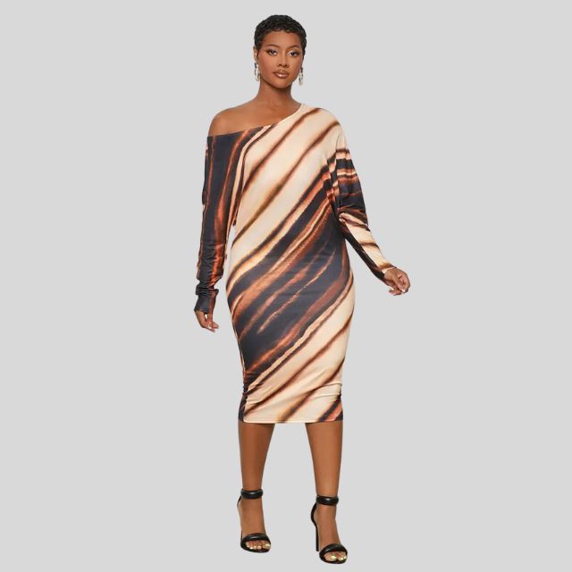 Elégante robe midi bodycon pour femme avec encolure asymétrique à épaules découvertes et manches longues