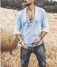 Camisa Casual para Hombre - Ajuste Relaxed - Cuello en V con Cordón - Manga 3/4 - Ligera y Transpirable