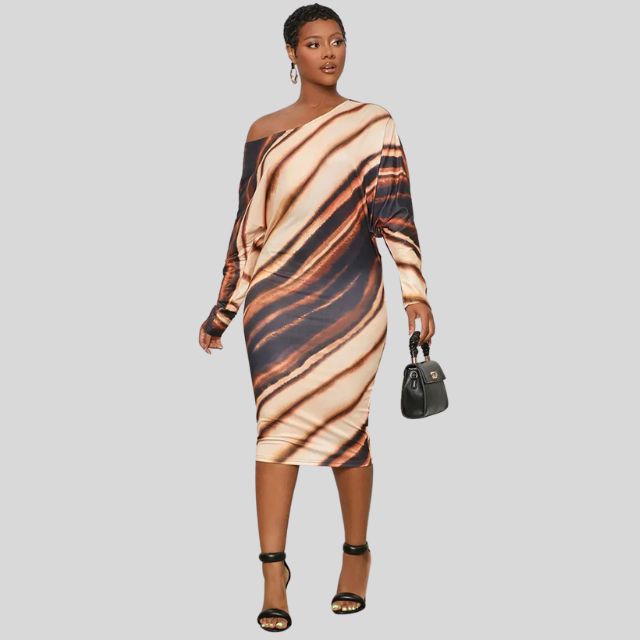 Elégante robe midi bodycon pour femme avec encolure asymétrique à épaules découvertes et manches longues