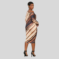 Elégante robe midi bodycon pour femme avec encolure asymétrique à épaules découvertes et manches longues
