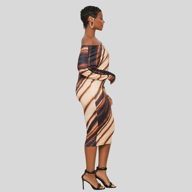 Elégante robe midi bodycon pour femme avec encolure asymétrique à épaules découvertes et manches longues