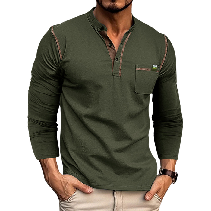 Homme Chemise Henley à Manches Longues - Coupe Ajustée - Patte de Boutons - Pochette sur la Poitrine