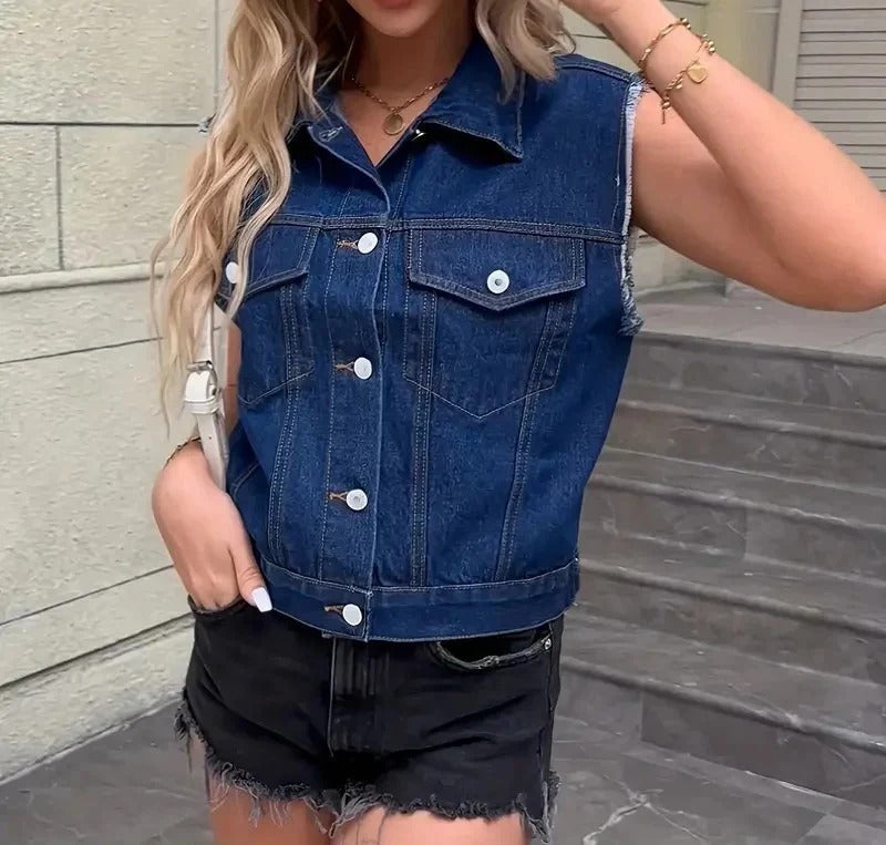 Élégant cardigan sans manches en denim pour femmes avec poches pratiques - Hedwig