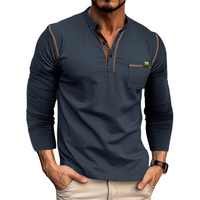 Homme Chemise Henley à Manches Longues - Coupe Ajustée - Patte de Boutons - Pochette sur la Poitrine