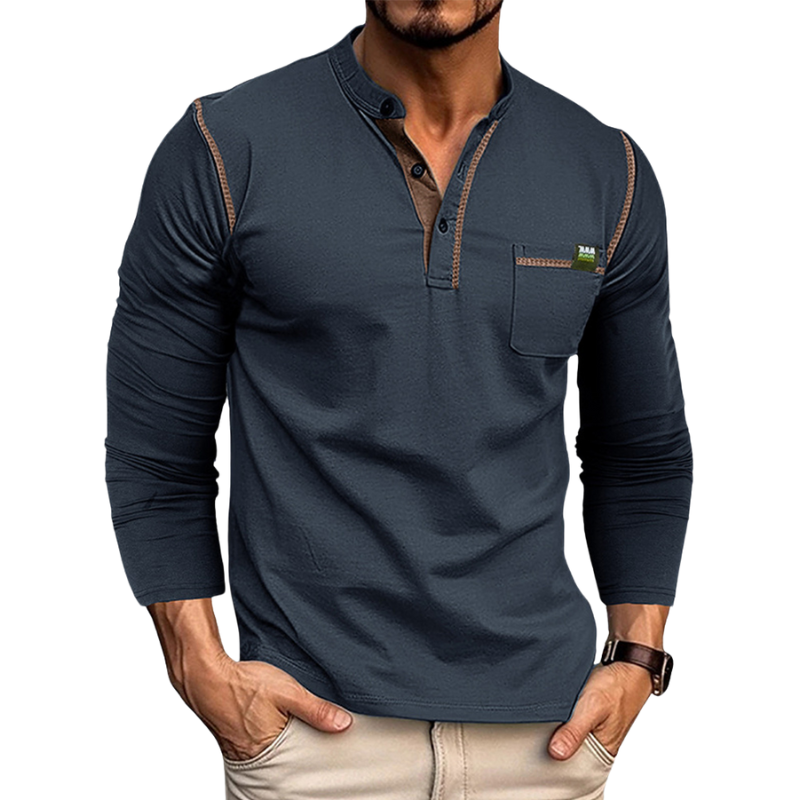 Homme Chemise Henley à Manches Longues - Coupe Ajustée - Patte de Boutons - Pochette sur la Poitrine