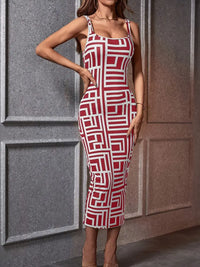 Élégante robe midi bodycon pour femmes, avec encolure carrée, sans manches et motif géométrique stylisé