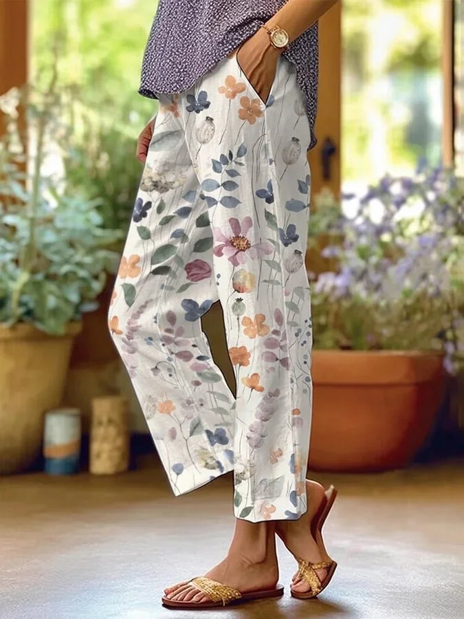 Pantalon élégant à imprimé floral blanc - pantalon femme à motifs floraux à la mode