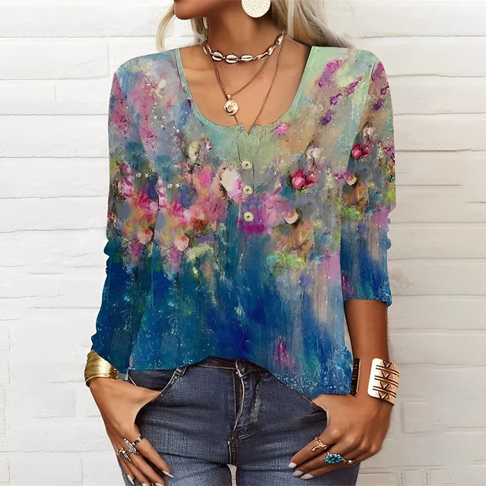 Élégant haut à motifs floraux pour femmes, manches longues décontractées et col en V, dans un bleu élégant - Parfait pour un look polyvalent et décontracté tous les jours