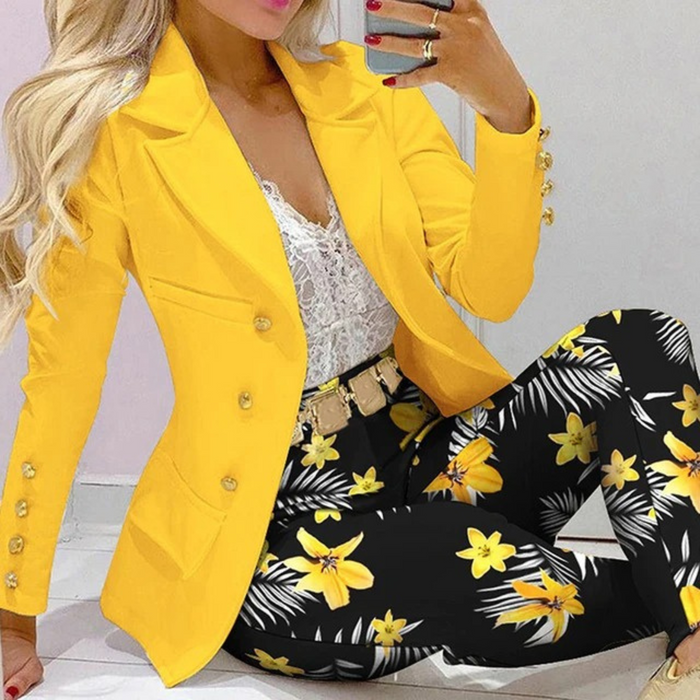 Élégant ensemble blazer et pantalon pour femme avec imprimé floral coloré - Parfait pour le bureau pour un look élégant