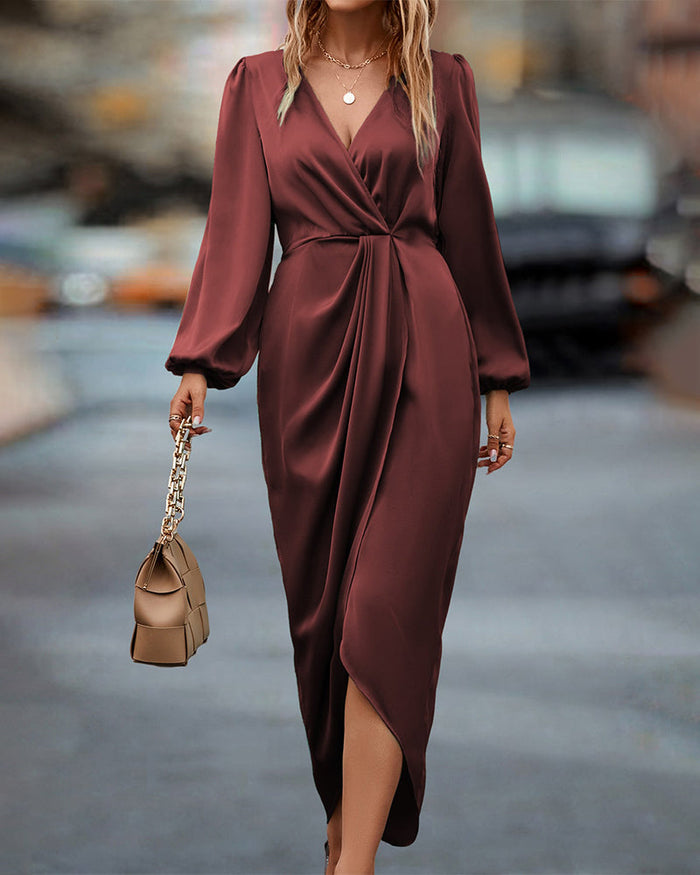 Robe élégante à col en V et manches lanternes pour femmes