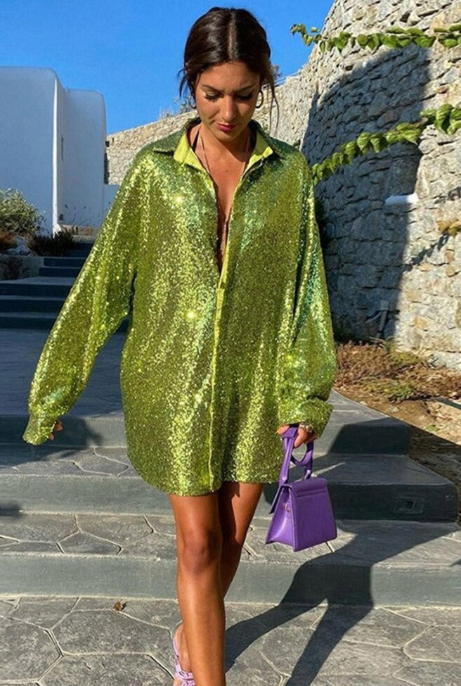 Blouse à paillettes oversize pour femmes - Chemise glamour scintillante
