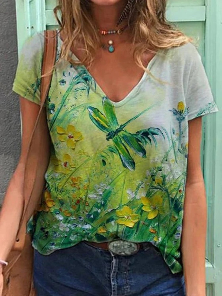 T-Shirt Femme Art Floral - Top d'été décontracté avec col en V et tissu respirant pour un look élégant et confortable