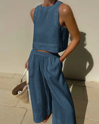 Ensemble d'été élégant pour femmes : ensemble 2 pièces en lin avec pantalon large et top court