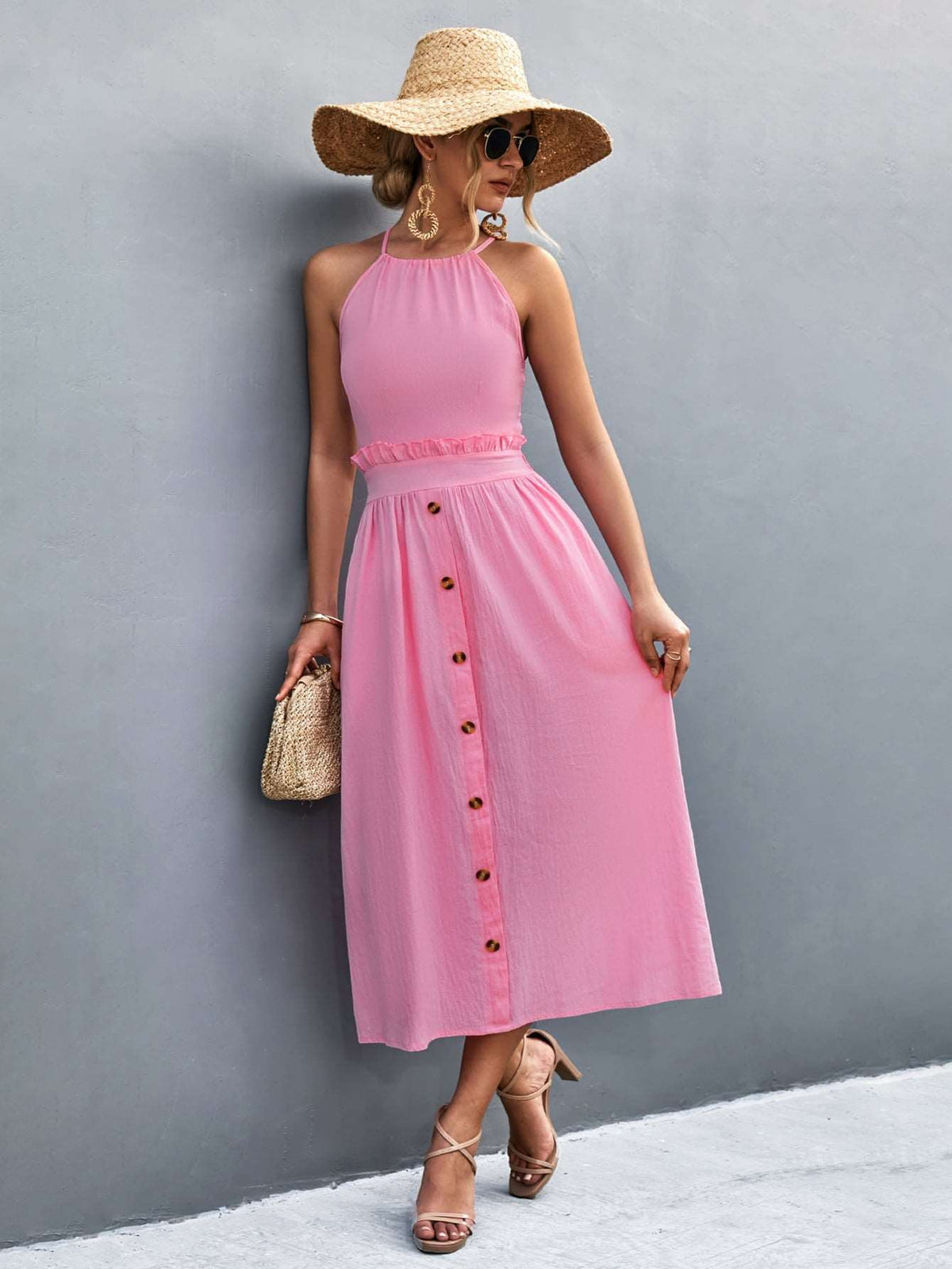 Robe midi sans manches à col halter pour femmes - Devant boutonné fluide à coupe A-line élégante