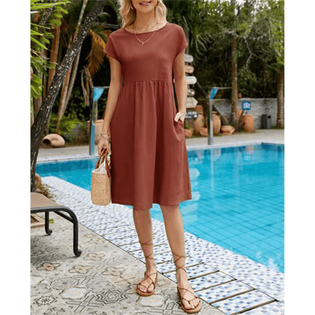 Élégante robe midi en coton et lin à manches courtes pour femmes pour un look chic et confortable