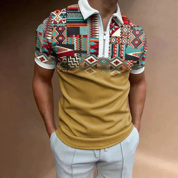Polo pour homme en coton ajusté avec cierre de cremallera et diseño a rayas retro - Manga corta