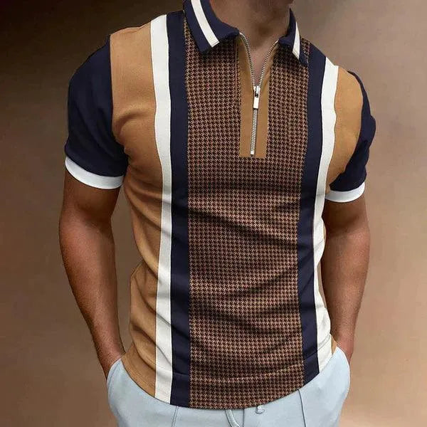 Polo pour homme en coton ajusté avec cierre de cremallera et diseño a rayas retro - Manga corta