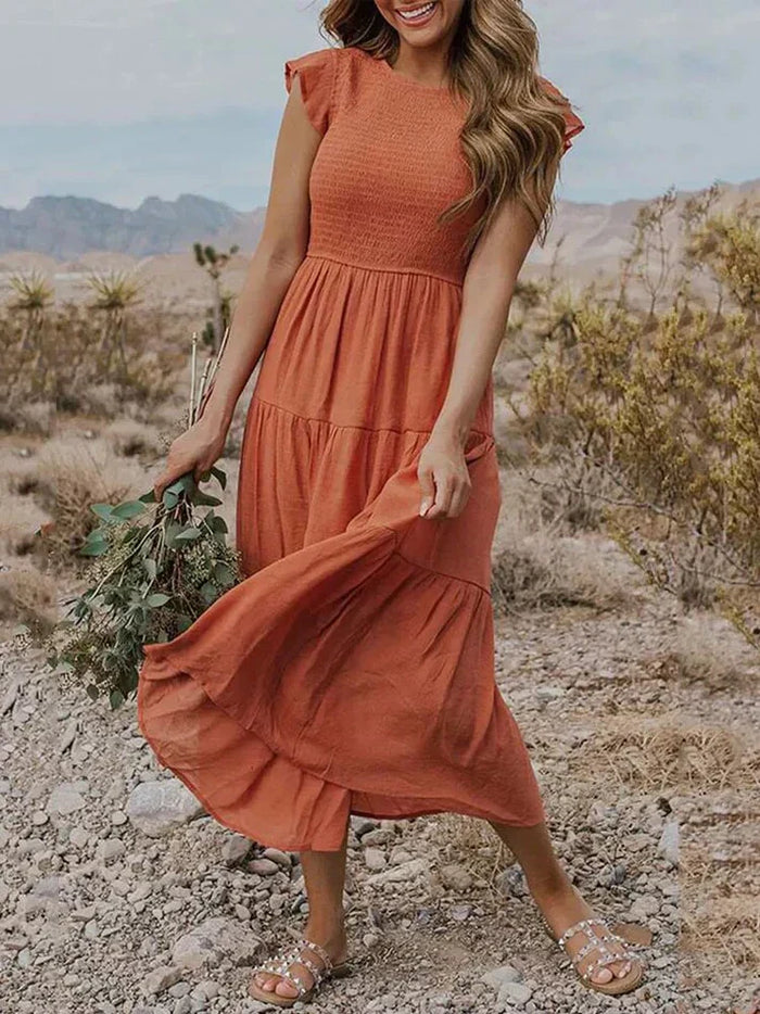 Robe midi plissée en ligne A avec manches volantes pour femmes