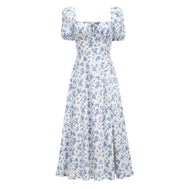 Vestido floral pour femme avec escote cuadrado, manga abullonada et falda midi en forma de A con abertura lateral