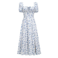 Vestido floral pour femme avec escote cuadrado, manga abullonada et falda midi en forma de A con abertura lateral