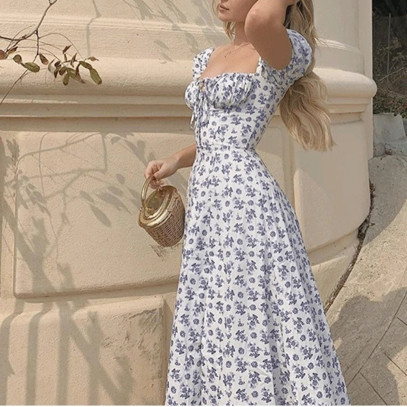 Vestido floral pour femme avec escote cuadrado, manga abullonada et falda midi en forma de A con abertura lateral