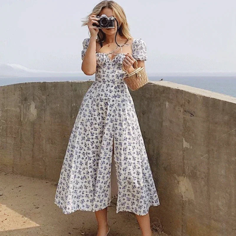 Vestido floral pour femme avec escote cuadrado, manga abullonada et falda midi en forma de A con abertura lateral