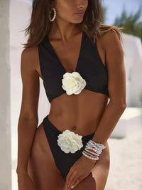 Élégant maillot de bain taille haute pour femme avec décoration florale 3D