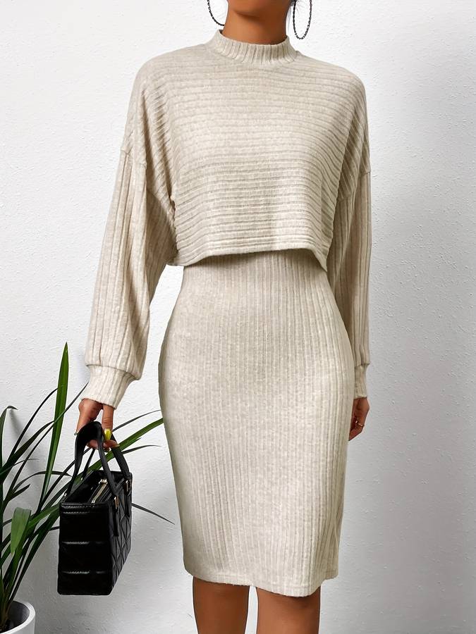 Ensemble midi élégant 2 pièces pour femmes en tissu côtelé - Top confortable en tricot et robe élégante pour le confort de tous les jours
