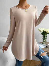Light Beige Long Sleeve Top for Women - Stylish Casual T-Shirt with Curved Zoom