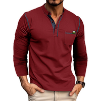 Homme Chemise Henley à Manches Longues - Coupe Ajustée - Patte de Boutons - Pochette sur la Poitrine