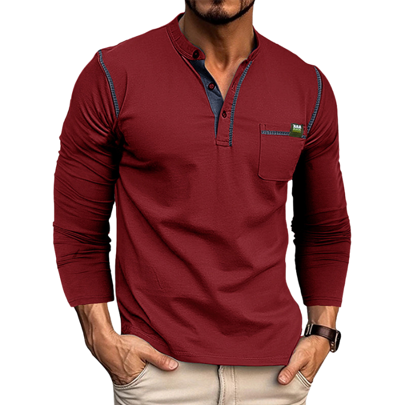 Homme Chemise Henley à Manches Longues - Coupe Ajustée - Patte de Boutons - Pochette sur la Poitrine