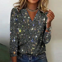 Pull étincelant à manches longues et col en V pour un look élégant