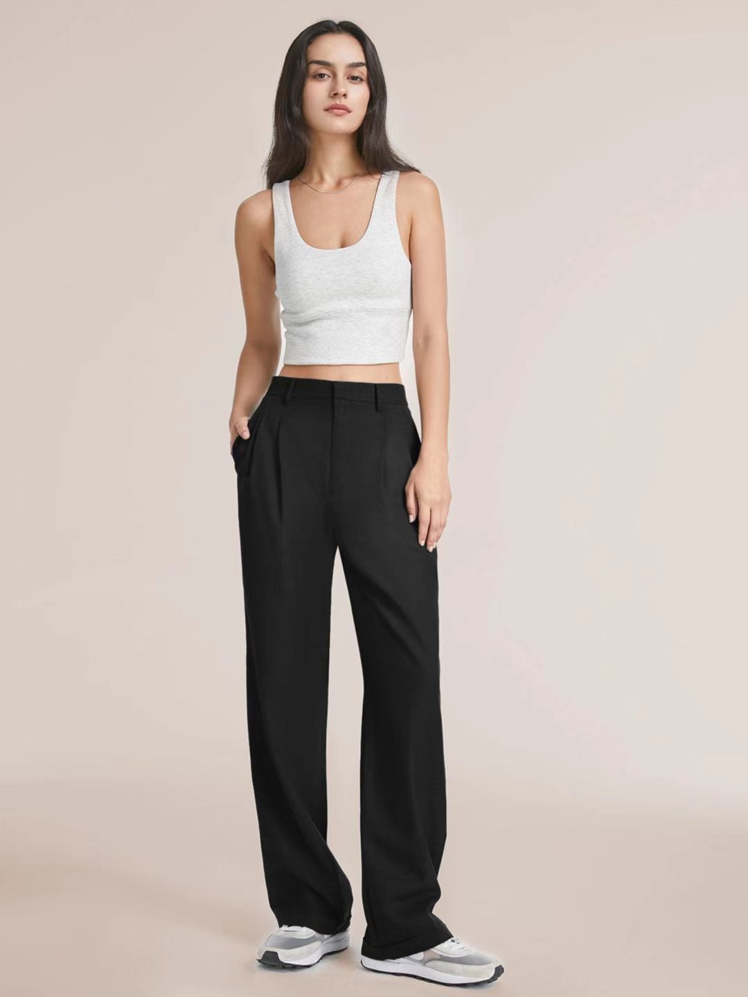 Élégant pantalon large à taille haute pour femmes, avec poches pratiques