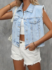 Élégant cardigan sans manches en denim pour femmes avec poches pratiques - Hedwig