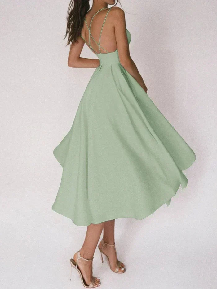 Robe Fendue pour Femmes - Dos Croisé Élégant - Bustier Sans Manches - Jupe Mi-Longue Fluide