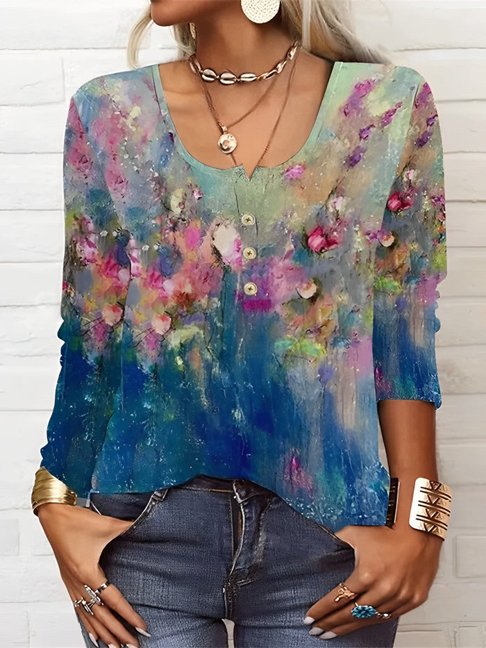 Élégant haut à motifs floraux pour femmes, manches longues décontractées et col en V, dans un bleu élégant - Parfait pour un look polyvalent et décontracté tous les jours