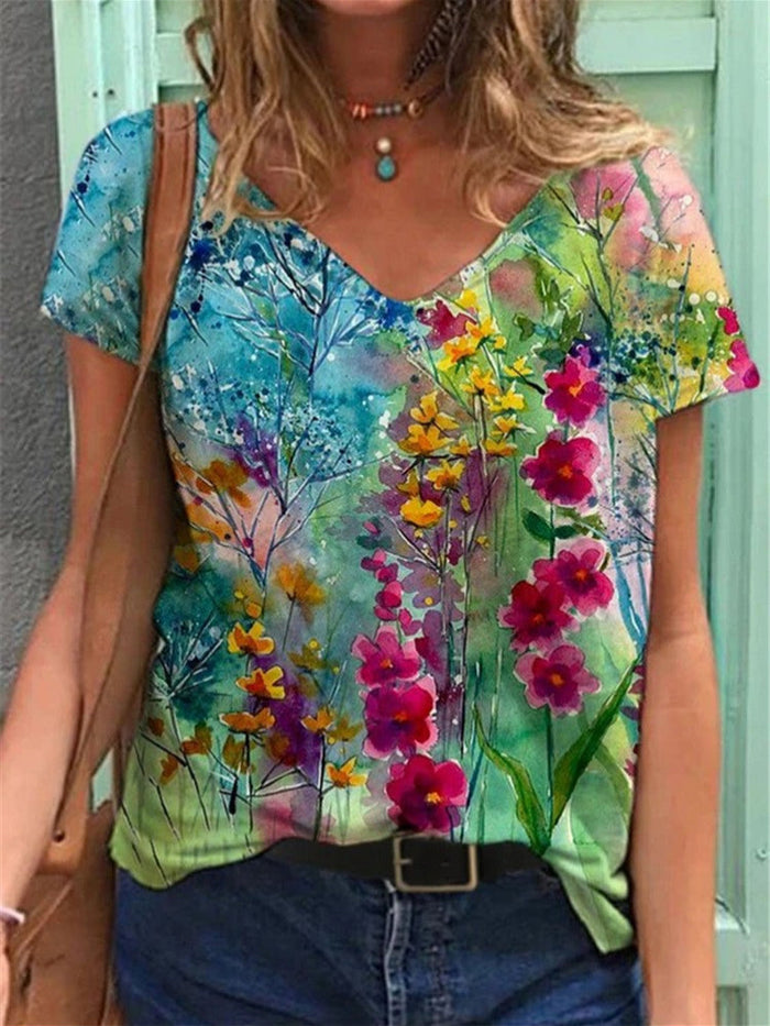 T-Shirt Femme Art Floral - Top d'été décontracté avec col en V et tissu respirant pour un look élégant et confortable