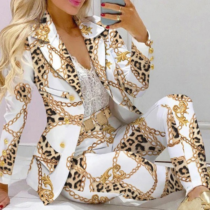 Élégant ensemble blazer et pantalon pour femme avec imprimé floral coloré - Parfait pour le bureau pour un look élégant