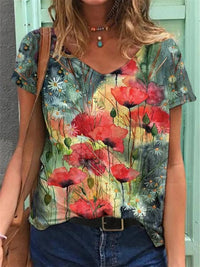 T-Shirt Femme Art Floral - Top d'été décontracté avec col en V et tissu respirant pour un look élégant et confortable