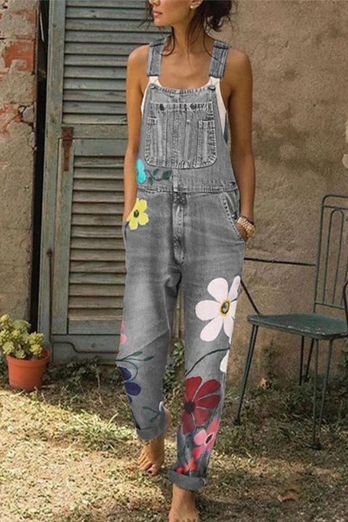 Salopette en denim élégante pour femmes avec imprimé floral et poches pratiques - parfaite combinaison décontractée à porter tous les jours