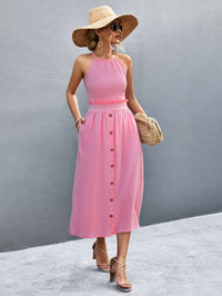 Robe midi sans manches à col halter pour femmes - Devant boutonné fluide à coupe A-line élégante
