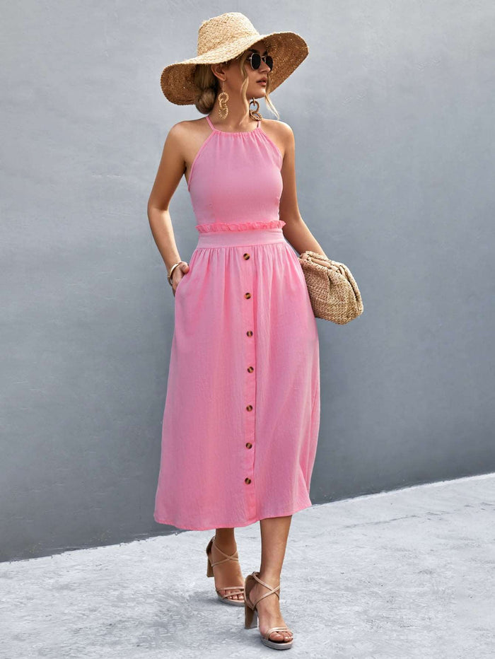 Robe midi sans manches à col halter pour femmes - Devant boutonné fluide à coupe A-line élégante