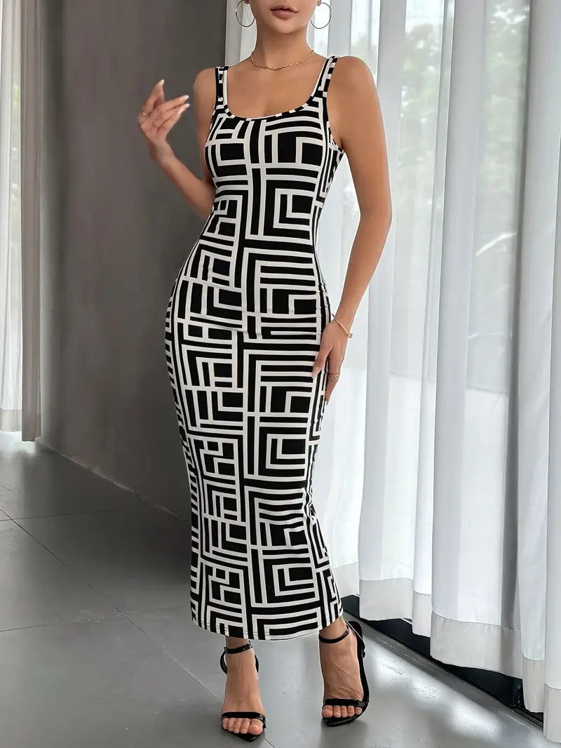 Élégante robe midi bodycon pour femmes, avec encolure carrée, sans manches et motif géométrique stylisé